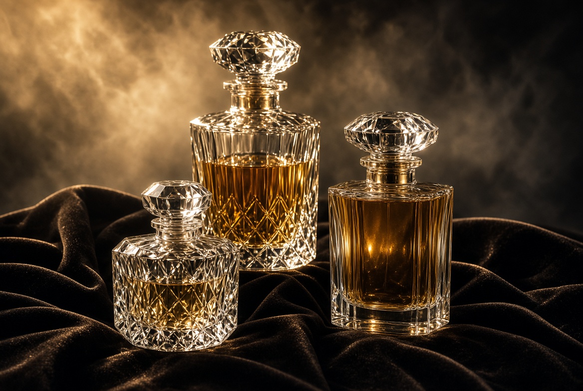 Crystal perfume bottles on dark velvet