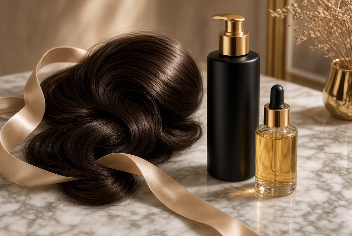 Hair oil and shampoo on a marble vanity