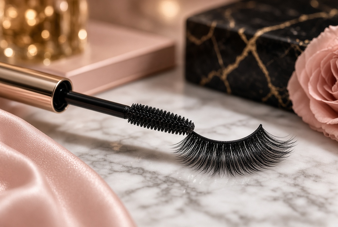 Mascara wand and lashes on marble — makeup category