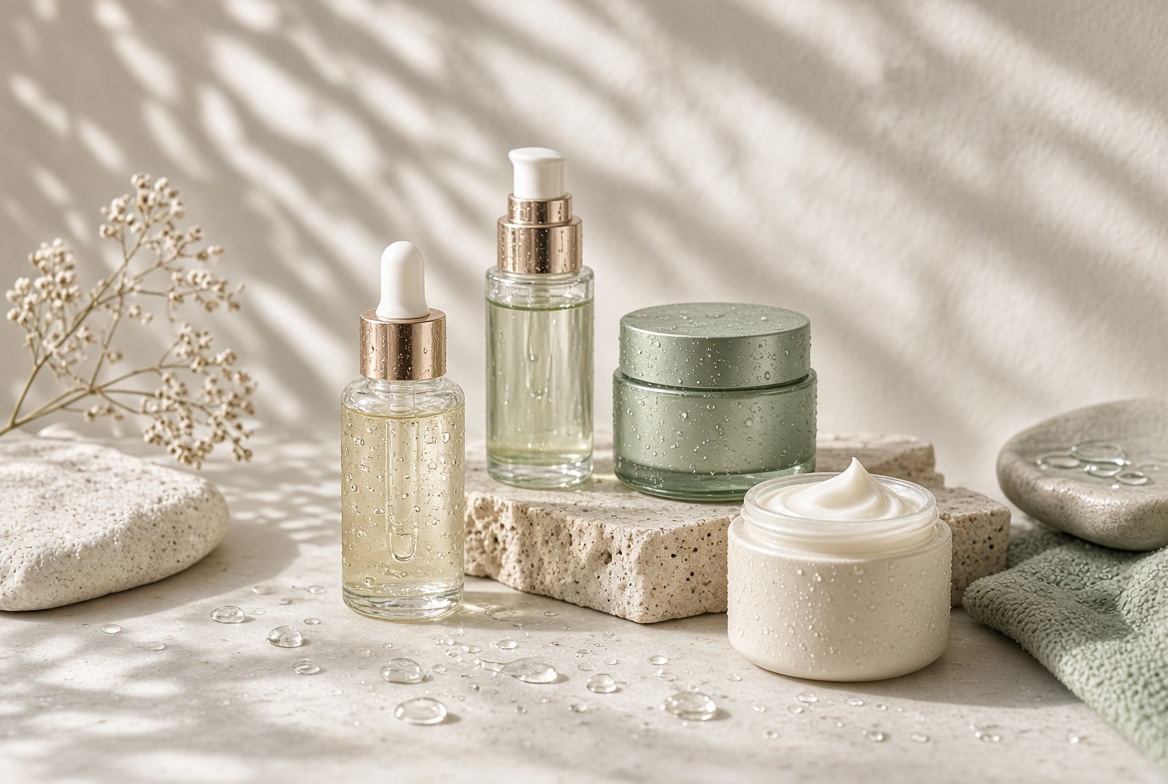 Serum bottles and cream jars in soft daylight