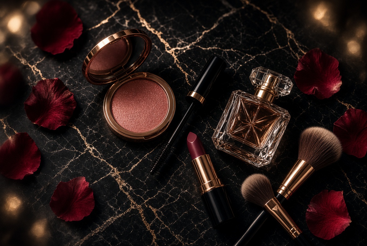 Editorial flatlay of luxury makeup, perfume and brushes on black marble
